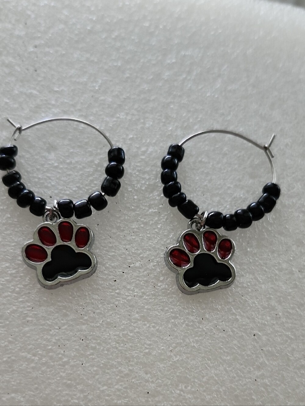Hand Crafted Black and Red Paw Print Hoop Earrings